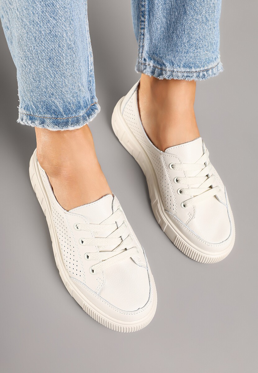 Beżowe Sneakersy ze Skóry Naturalnej z Perforacją Isolena