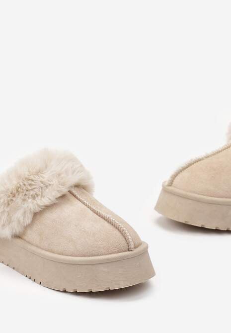 Beżowe Kapcie na Platformie z Ekozamszu z Futerkiem Livorn