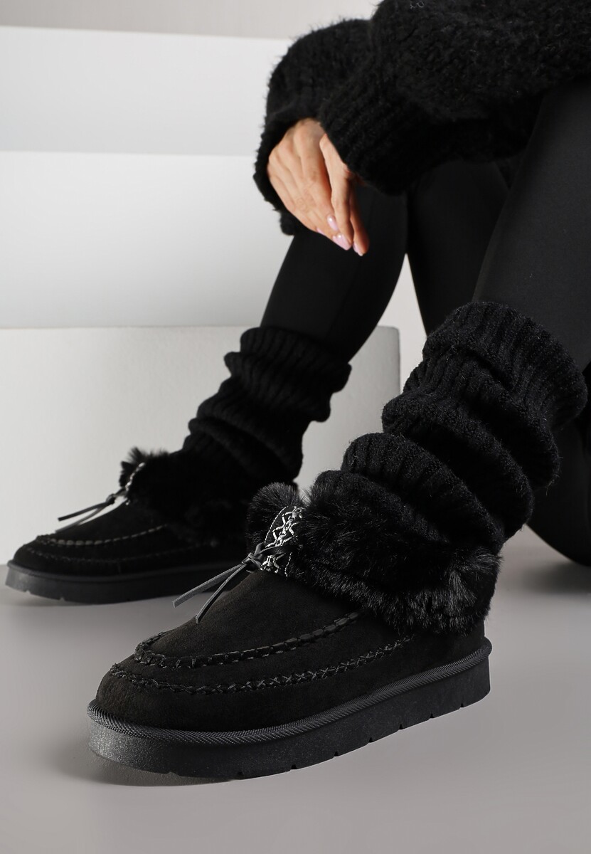 Czarne Śniegowce na Platformie Ozdobione Haftem i Futerkiem Linedis