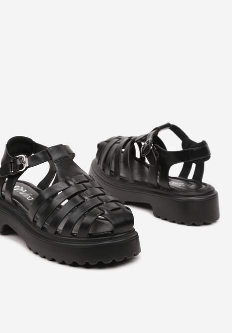 Czarne Sandały Gladiatorki na Grubej Podeszwie z Przeplatanymi Paskami Risartte