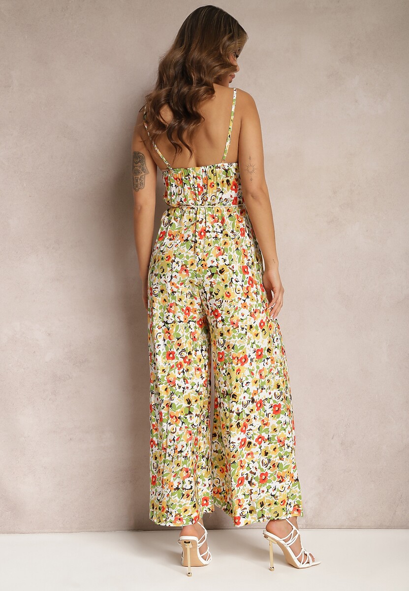 Zielono-Beżowy Kombinezon z Szerokimi Nogawkami w Kwiaty Wiązany na Ozdobny Sznurek Leliavia