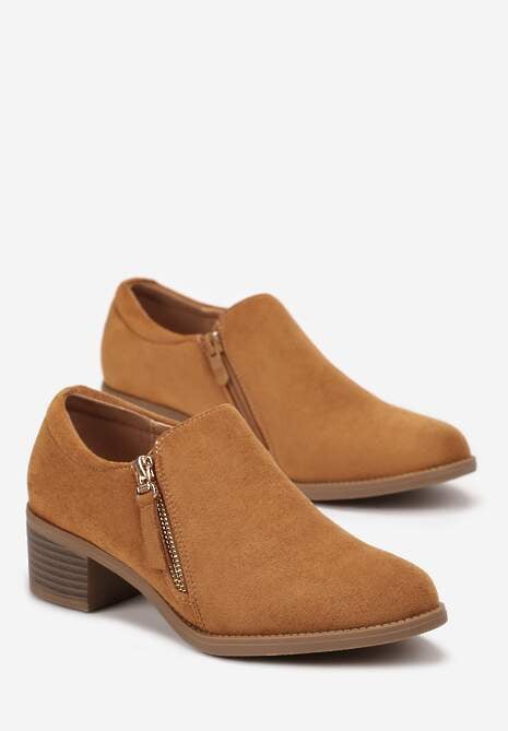 Brązowe Półbuty na Słupku z Niską Cholewką Ozdobioną Suwakiem Ansolee