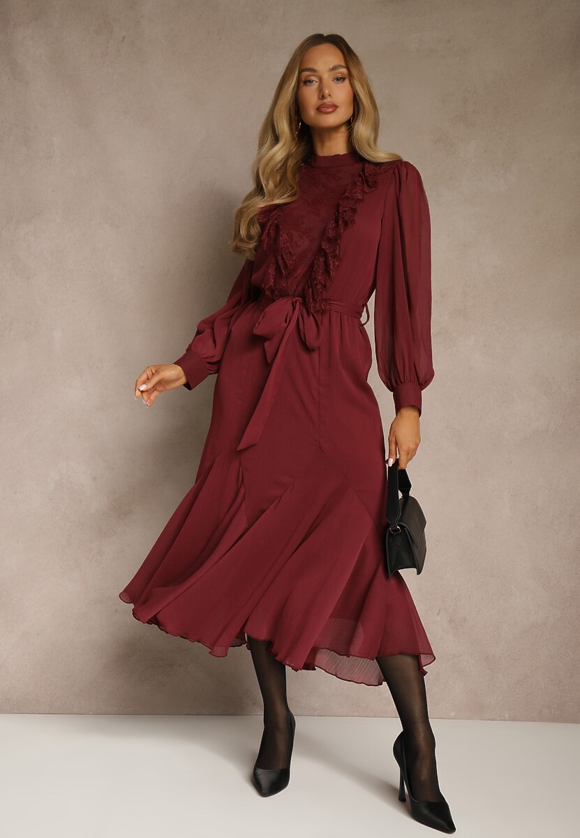 Brązowa Romantyczna Sukienka z Bufiastymi Rękawami i Falbanką z Koronki Sewmira