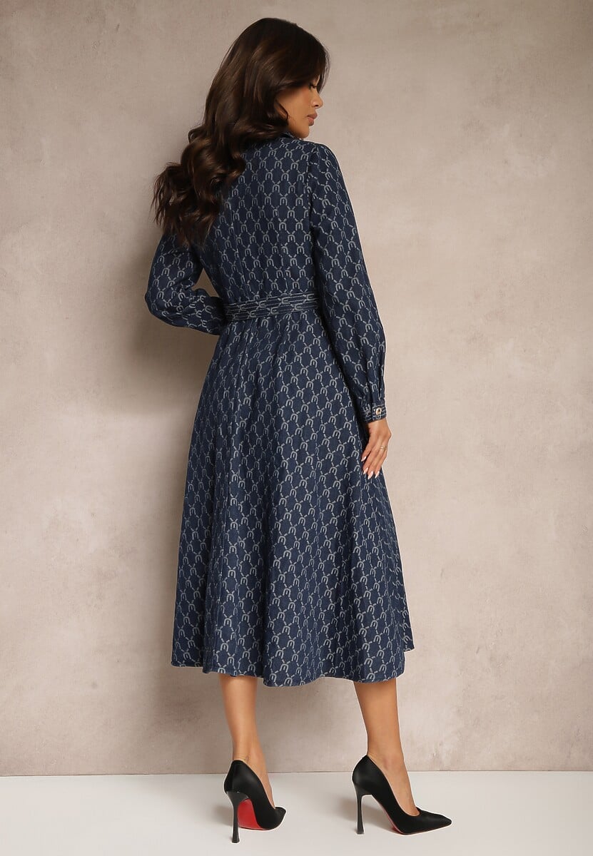 Granatowa Rozkloszowana Sukienka Koszulowa w Elegancki Wzór z Paskiem z Klamrą Salithora