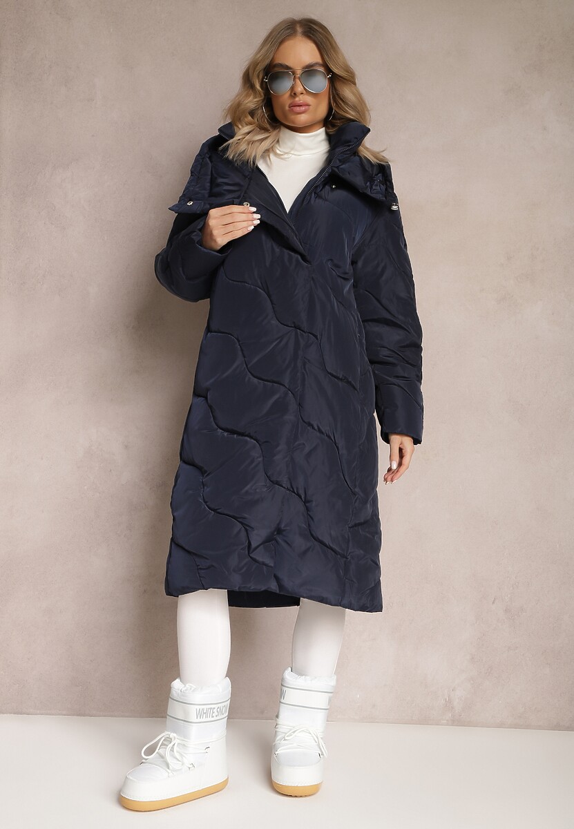 Granatowa Pikowana Kurtka Płaszcz za Kolano z Kapturem Kelotta