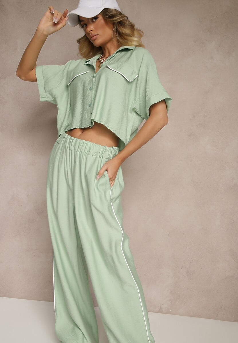 Jasnozielony Komplet z Wiskozy Koszula o Krótkim Kroju i Szerokie Spodnie Daviriana