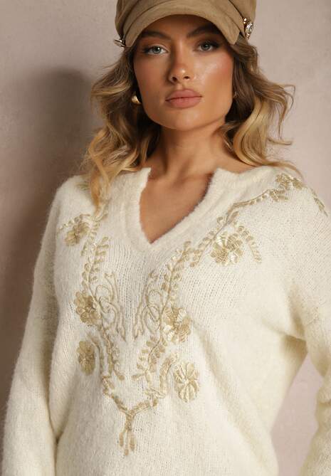 Jasnobeżowy Sweter z Wełną i Metalicznym Wzorem w Kwiaty Senithea