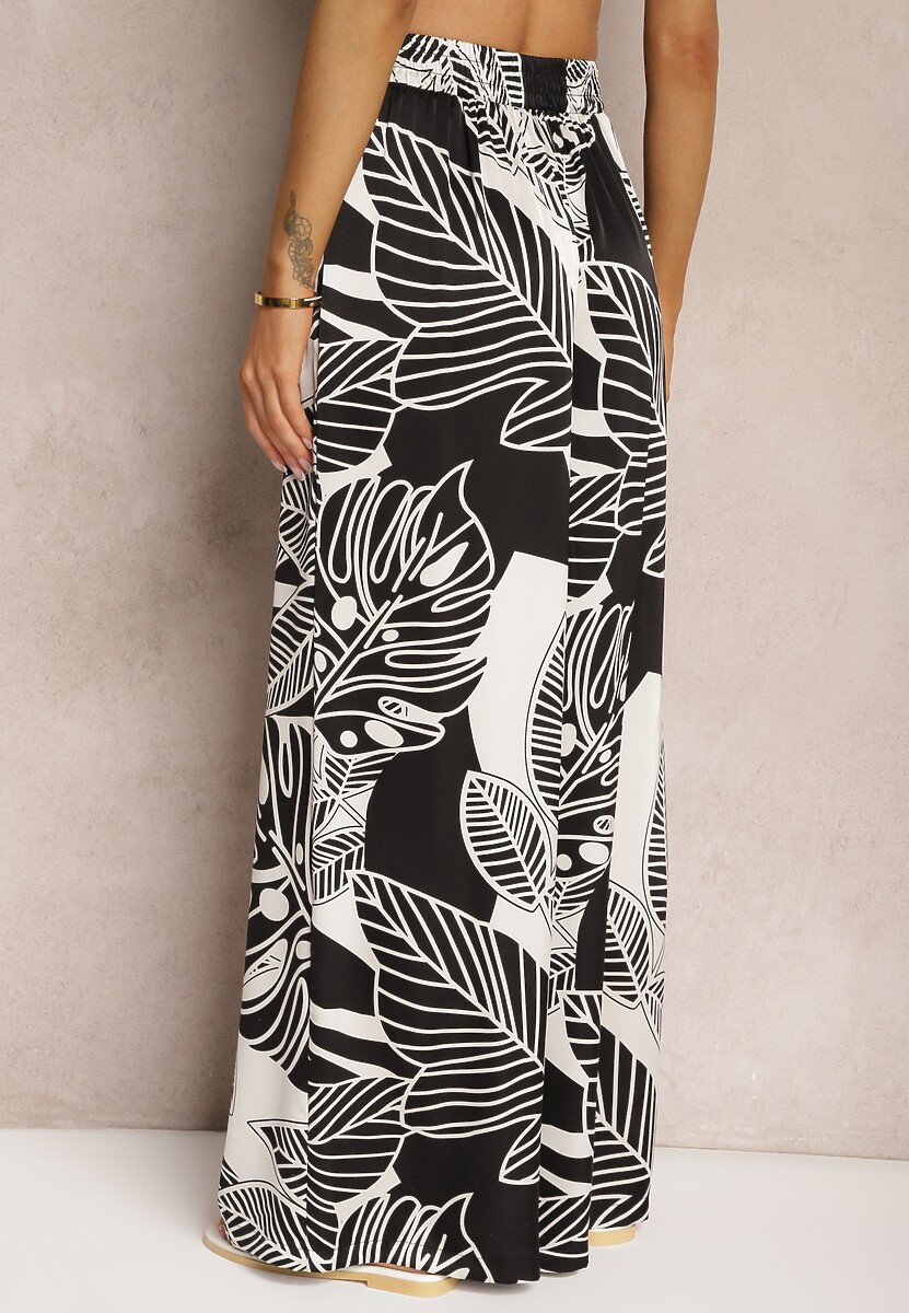 Czarno-Białe Spodnie z Szerokimi Nogawkami HIgh Waist z Gumką w Talii Dimnia