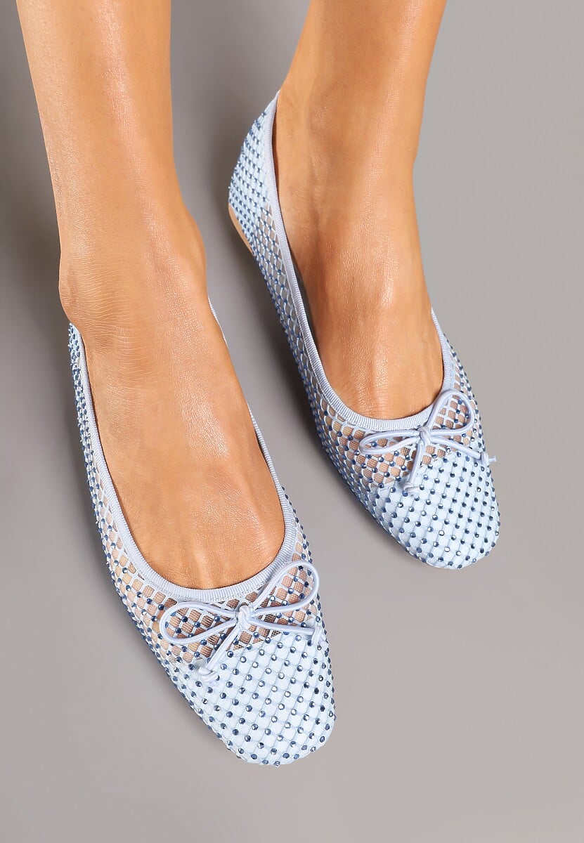 Niebieskie Siateczkowe Balerinki z Delikatnymi Cyrkoniami i Kokardką Senirithra