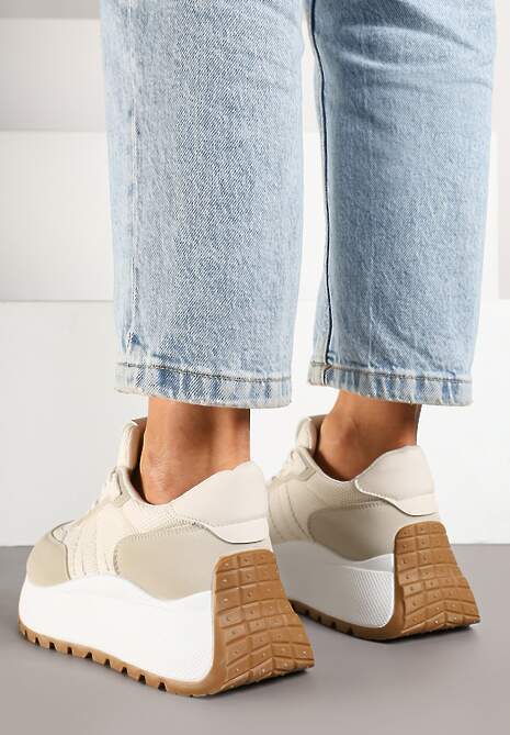 Beżowe Sznurowane Sneakersy Vices na Platformie z Ozdobnymi Paskami Seliniel