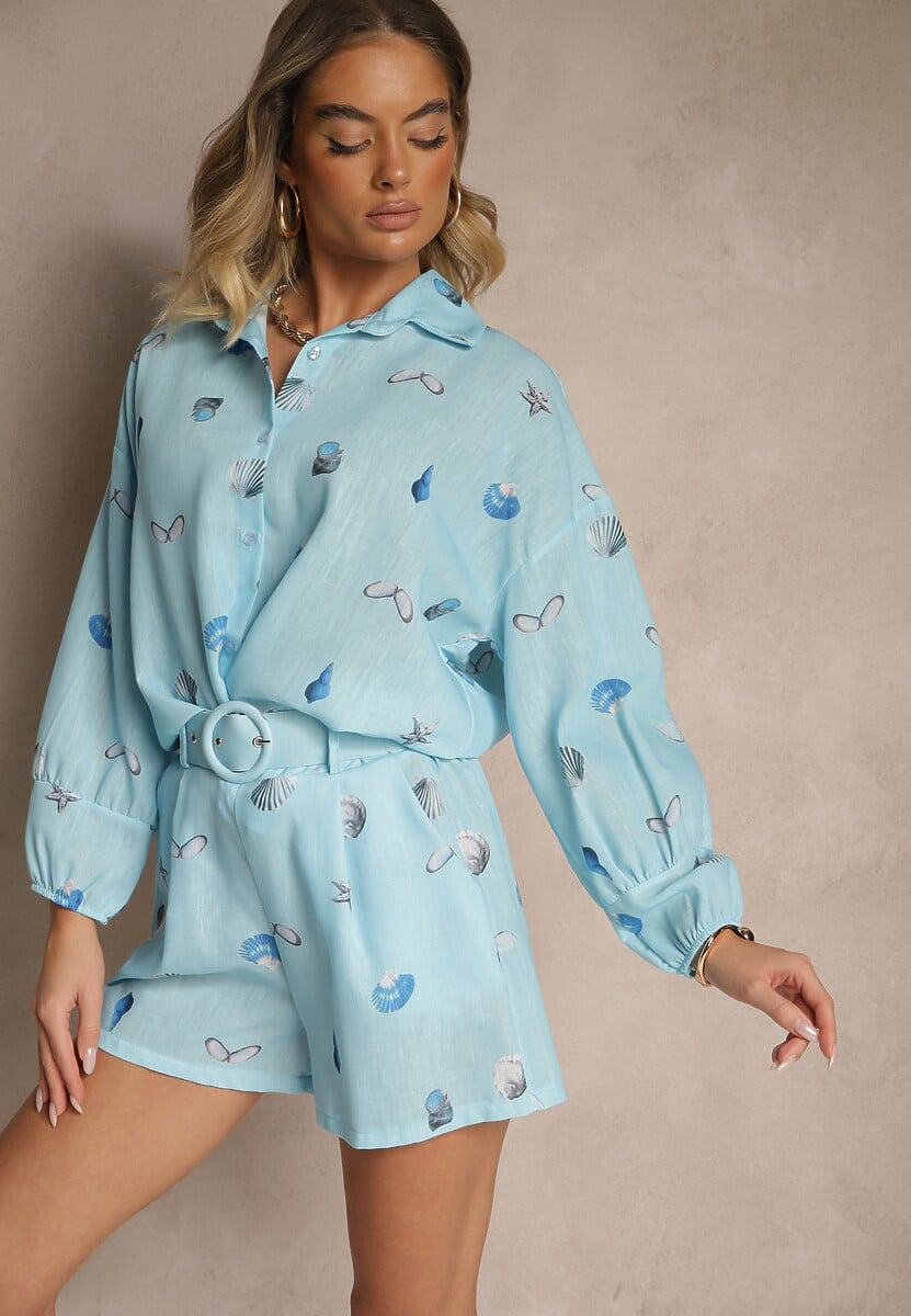Jasnoniebieski Komplet z Wiskozą Koszula i Szorty w Morski Print Reisoria