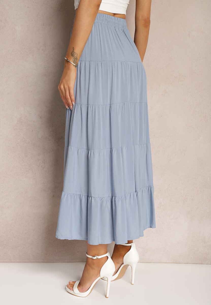 Niebieska Wiskozowa Spódnica High Waist o Rozkloszowanym Kroju z Wiązaniem i Gumką w Talii Leceviana