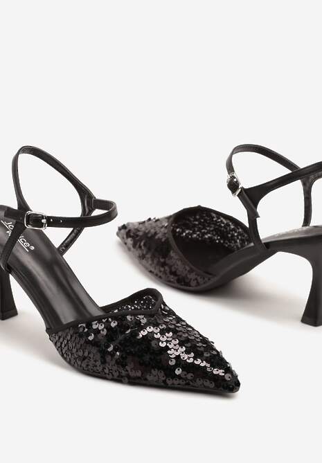 Czarne Sandały na Szpilce z Cekinową Cholewką Ulariona