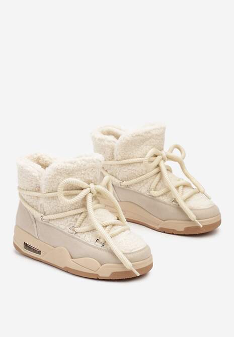 Beżowe Płaskie Śniegowce Ozdobione Futerkiem w Stylu Baranka i Sznurowaniem Alabera