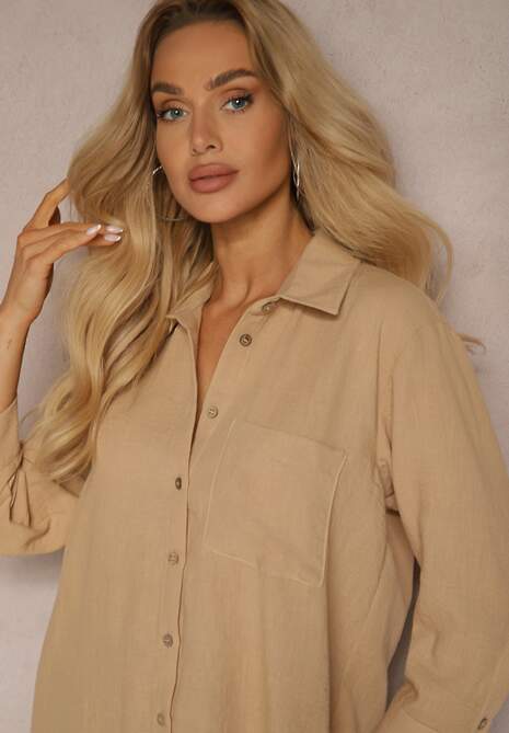 Beżowa Klasyczna Koszula Ozdobiona Kieszenią Zapinana na Guziki z Rękawem 3/4 Nestade