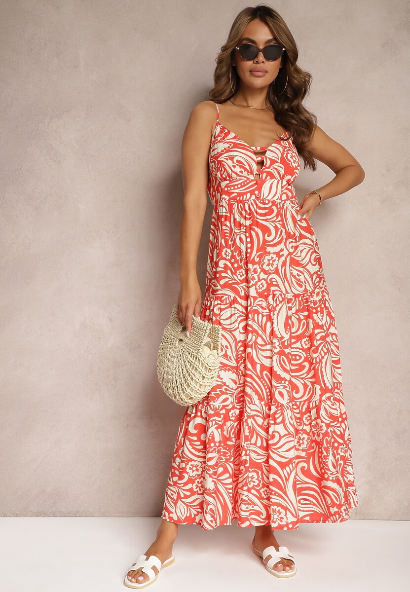 Pomarańczowa Rozkloszowana Sukienka z Wiskozą i Bawełną Wykończona Gumką w Talii i Falbanką Dimikka