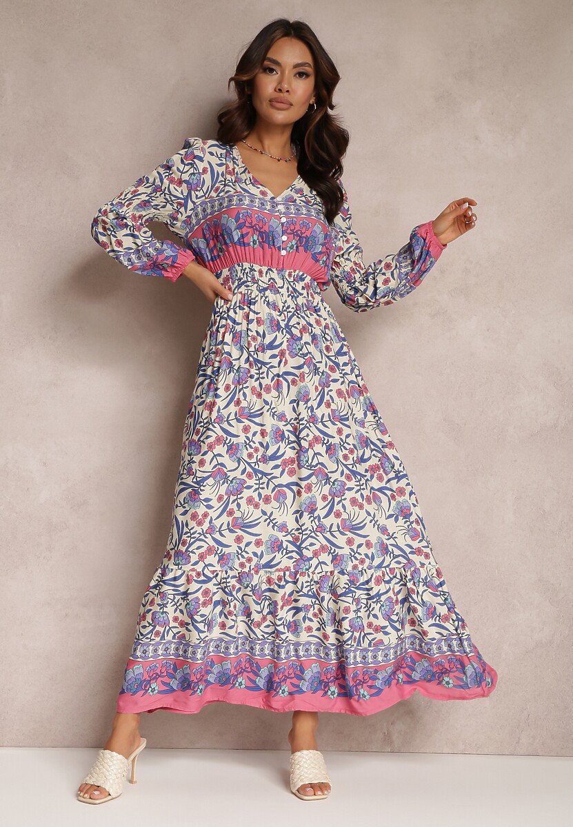 Beżowo-Niebieska Sukienka Maxi w Kwiaty z Wiskozy Vellu