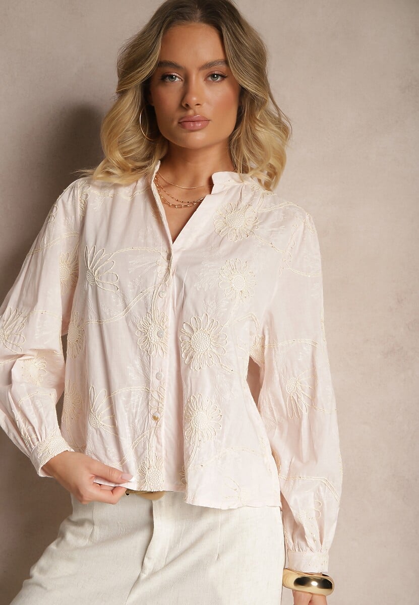 Biała Koszula z Bawełny z Ozdobnym Kwiatowym Haftem z Cekinami Gonisia