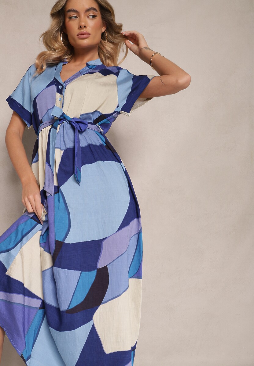 Niebieska Wiskozowa Sukienka Koszulowa z Paskiem w Geometryczny Print Falintia