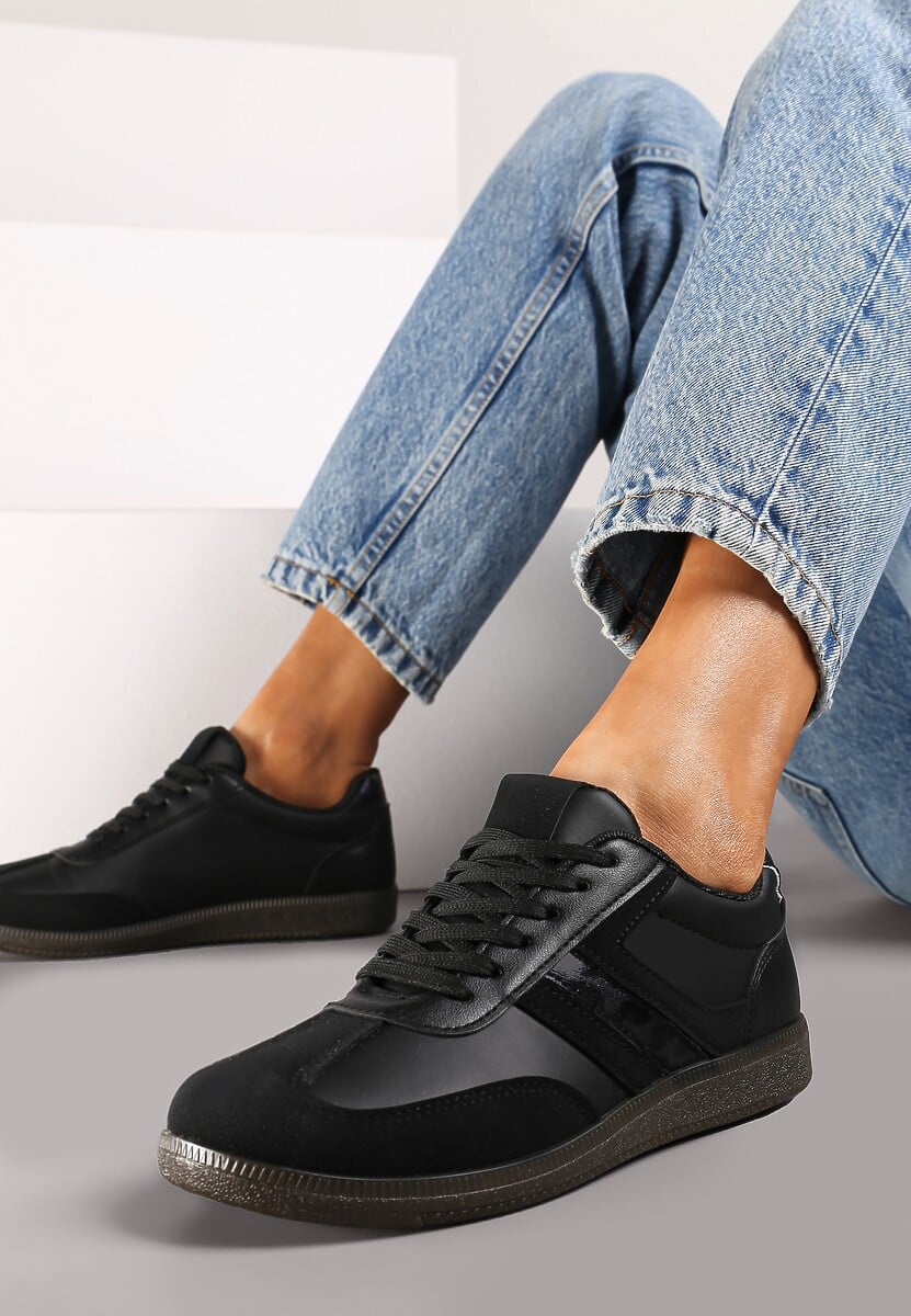 Czarne Casualowe Sneakersy z Geometrycznymi Wzorami i Kontrastowymi Przeszyciami Riandrea