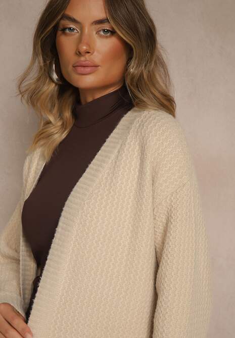 Beżowy Długi Kardigan Niezapinany z Bawełną Ferrive