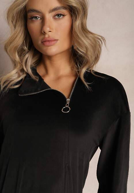 Czarny Komplet Dresowy z Weluru ze Ściągaczami i Bluzą z Kapturem Rerafina