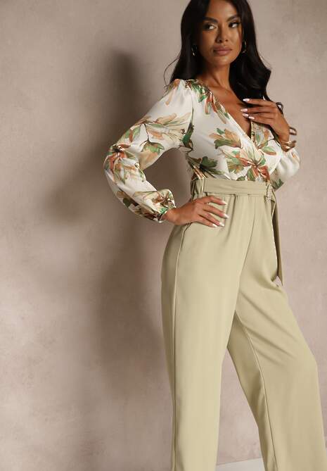 Jasnozielony Kwiatowy Kombinezon z Kopertowym Dekoltem z Paskiem i Szerokimi Nogawkami Vinia