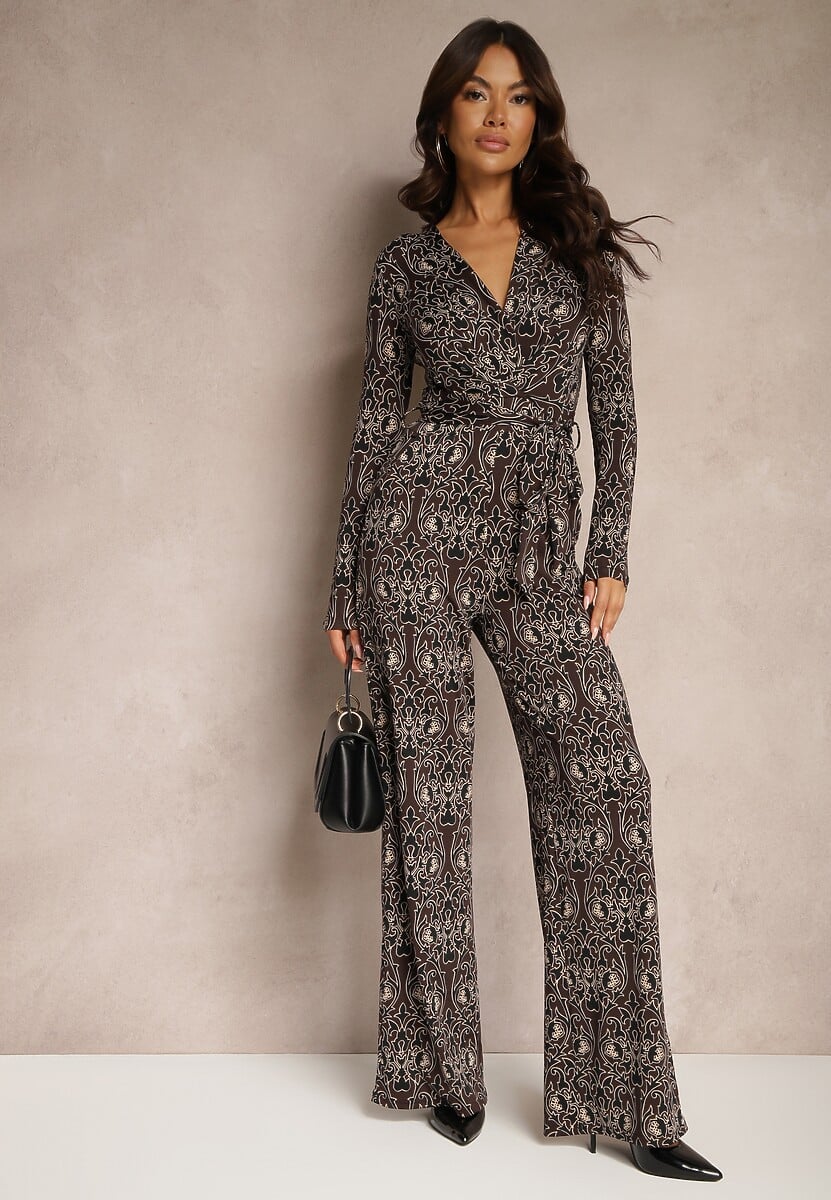 Brązowy Kopertowy Kombinezon Zdobiony Ornamentalnym Wzorem Mesiera