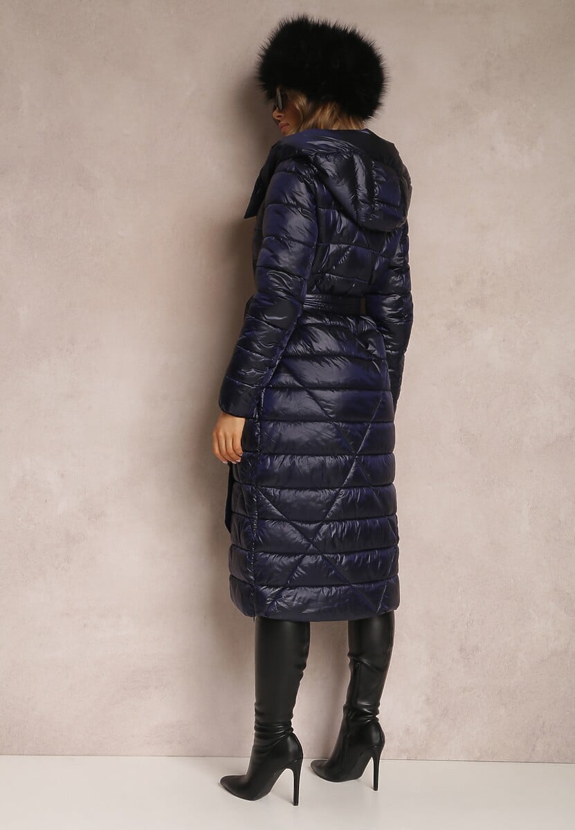 Granatowa Kurtka za Kolano z Wiązanym Paskiem i Kapturem Feome