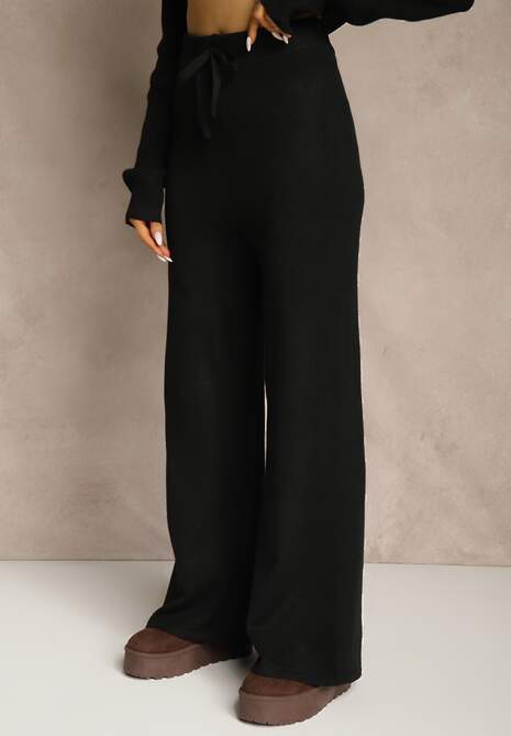 Czarny Komplet z Wełną i Bawełną Rozpinana Bluza z Kapturem i Szerokie Spodnie Reisema