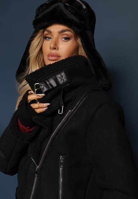 Czarna Kurtka Biker z Imitacji Zamszu i Kożuszka Jassan