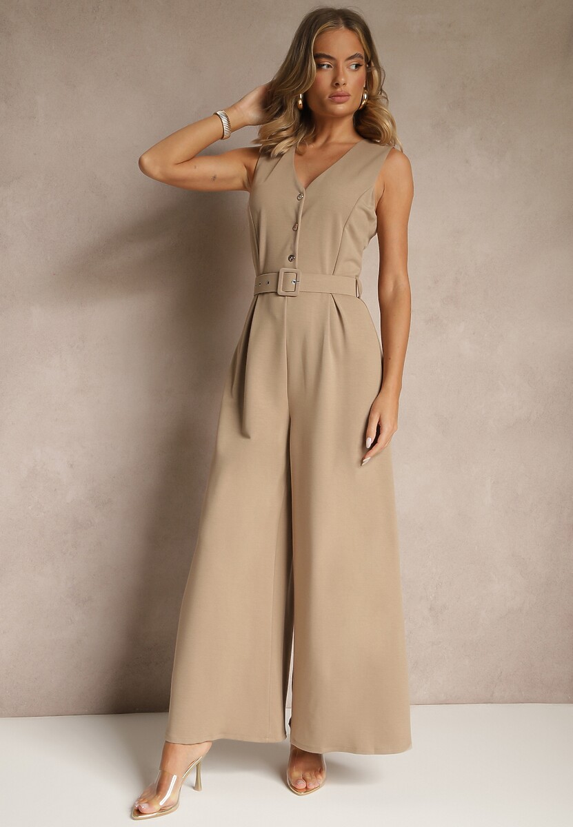 Ciemnobeżowy Kombinezon o Taliowanym Kroju z Wiskozą i Paskiem Raliorea