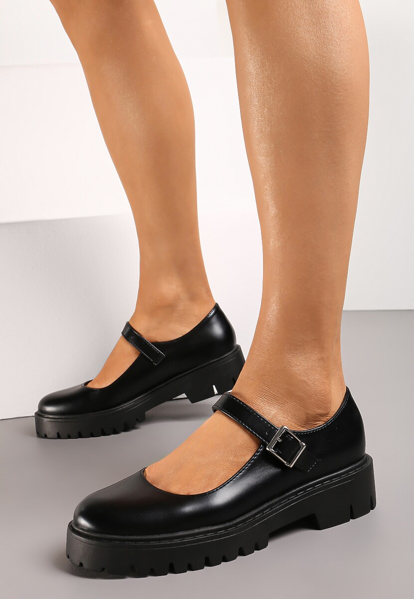 Czarne Klasyczne Półbuty ze Sprzączką na Grubej Podeszwie Nerlita