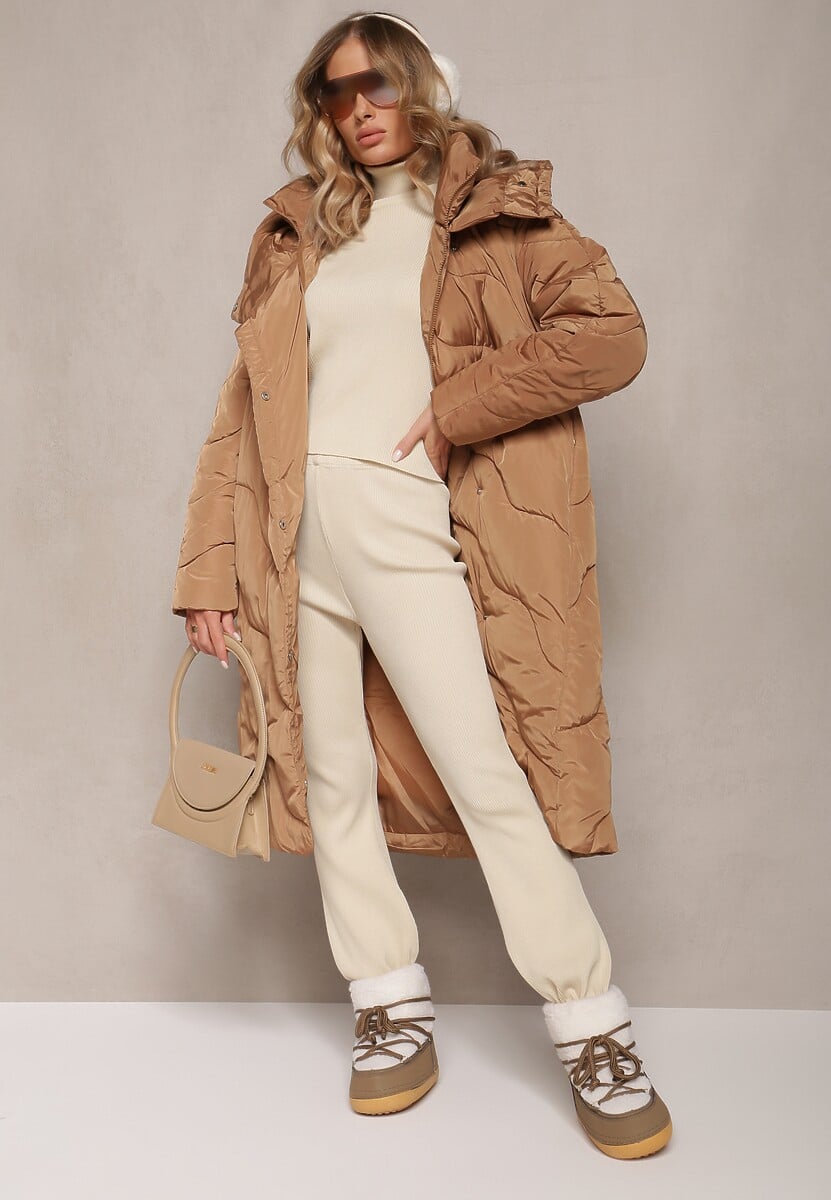 Beżowa Pikowana Kurtka Płaszcz za Kolano z Kapturem Kelotta