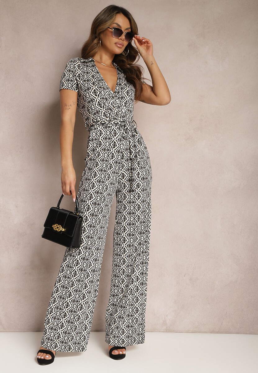 Granatowy Mozaikowy Kombinezon z Trójkątnym Dekoltem i Prostymi Nogawkami Nisseria