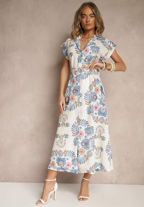 Niebieska Koszulowa Sukienka z Wiskozą z Dodatkowym Paskiem Nitapinia