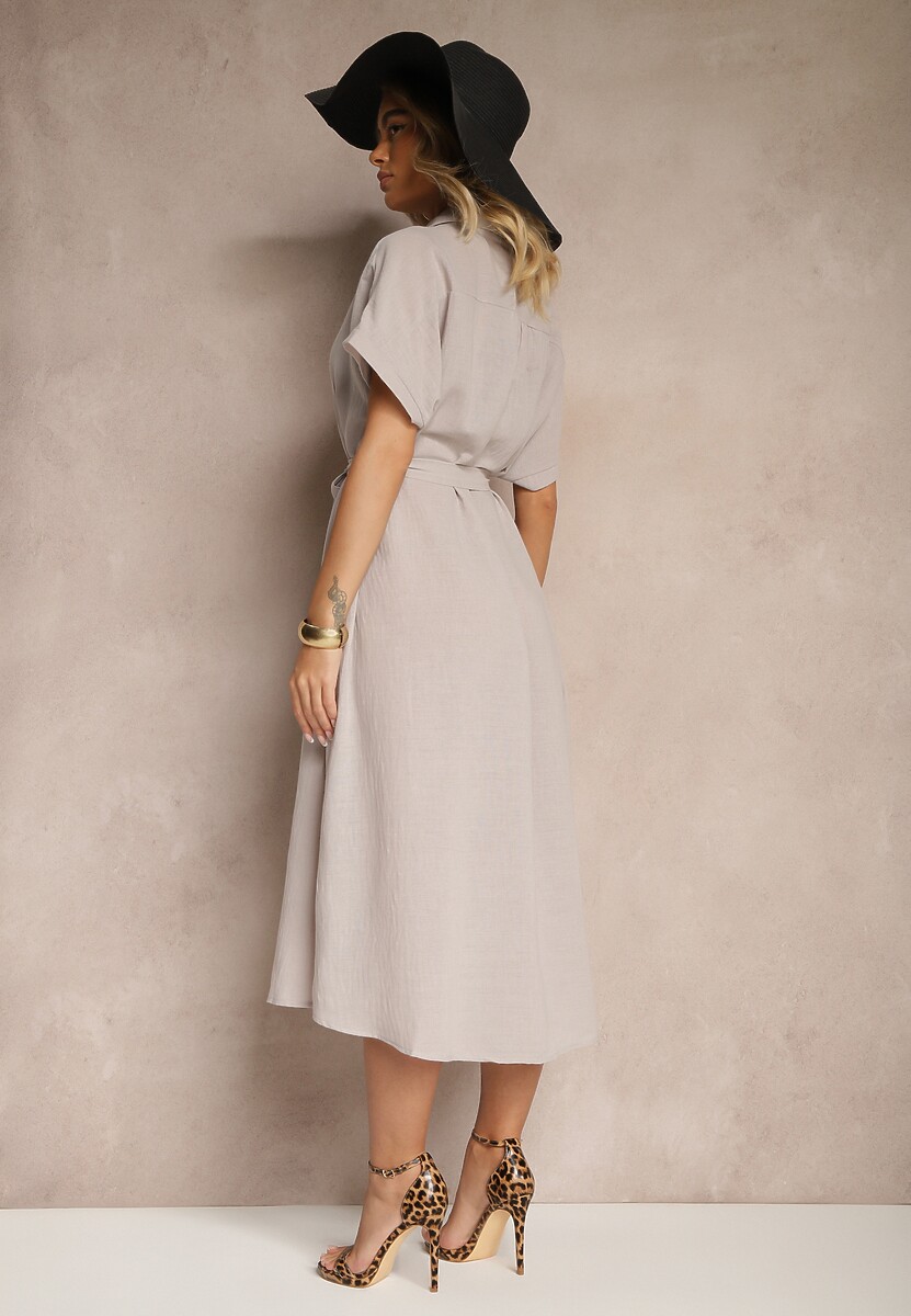 Jasnoszara Wiskozowa Sukienka Koszulowa z Wiązanym Paskiem w Talii Vanisti