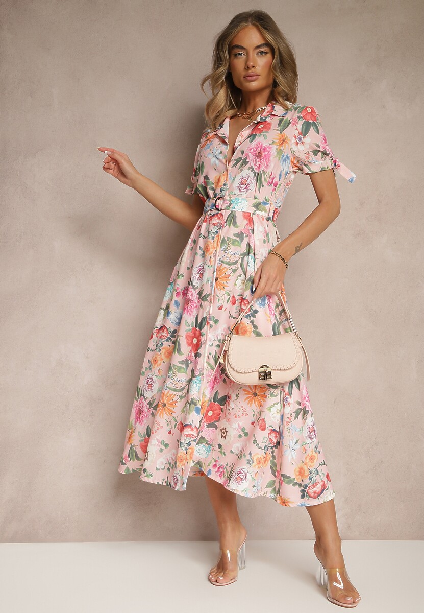 Różowa Koszulowa Sukienka w Kwiaty o Rozkloszowanym Fasonie z Paskiem Fevalirra