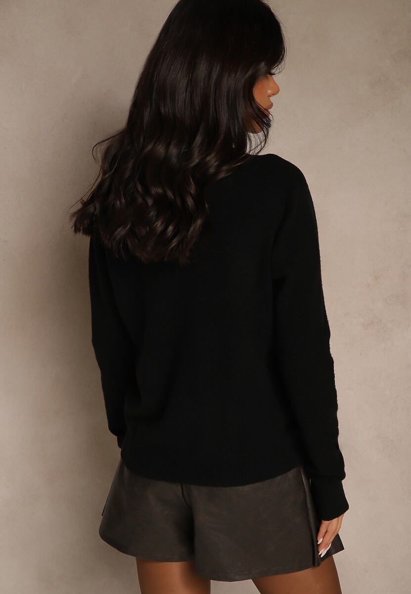 Czarny Sweter z Wełną i Wiskozą z Trójkątnym Dekoltem Kaitte