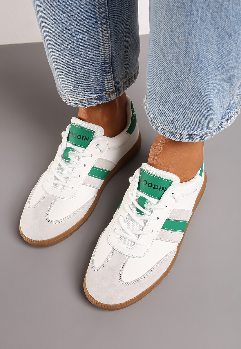 Biało-Zielone Sneakersy ze Skóry Naturalnej na Płaskiej Podeszwie Wykończone Paskami Navinda
