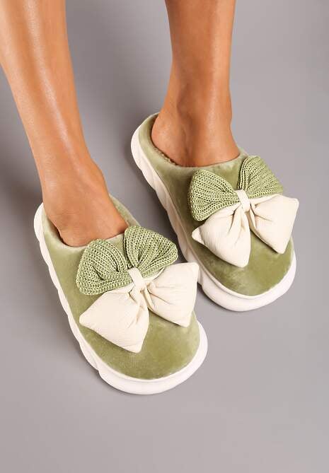 Zielone Kapcie na Płaskiej Podeszwie z Futerkiem i Kokardą Dezilaine