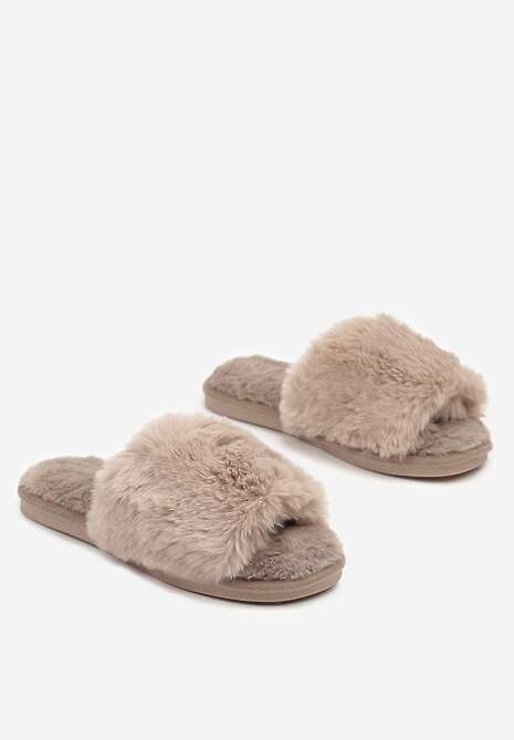Ciemnobeżowe Kapcie Futrzane Vices z Szerokim Paskiem Selaenor