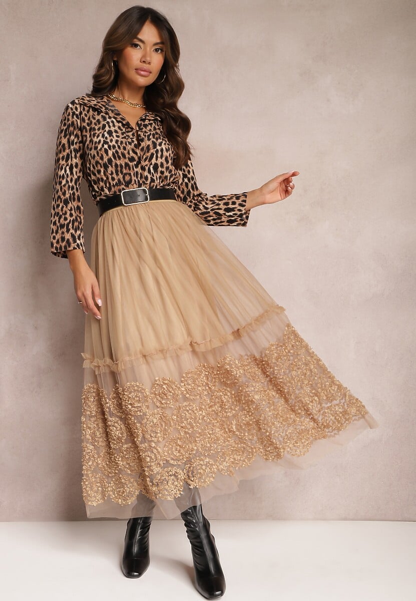 Beżowa Tiulowa Spódnica Maxi z Gumką w Talii Nadelyn