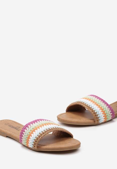 Beżowo-Fioletowe Klapki z Ekoskóry z Plecionką i Płaskim Obcasem Daraena