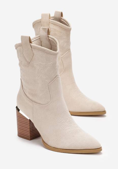 Beżowe Botki Kowbojki na Słupku z Przeszyciami Lindatora