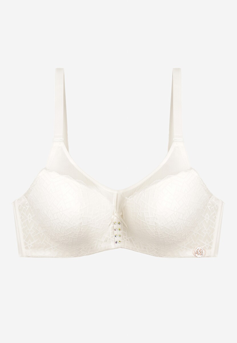 Jasnobeżowy Koronkowy Biustonosz Full Cup z Regulowanymi Ramiączkami Zdobiony Cyrkoniami Elleth