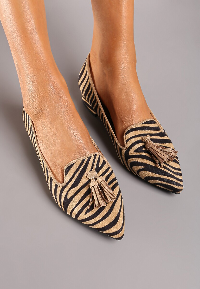 Beżowe Czółenka na Słupku w Stylu Mokasynów Ozdobione Frędzlami i Paskami Artalla