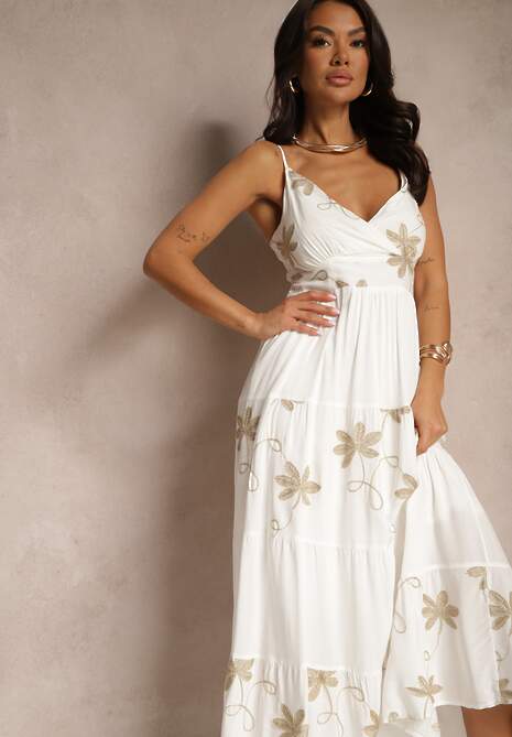 Biała Rozkloszowana Sukienka z Wiskozy z Haftowanym Motywem na Ramiączkach Telilia