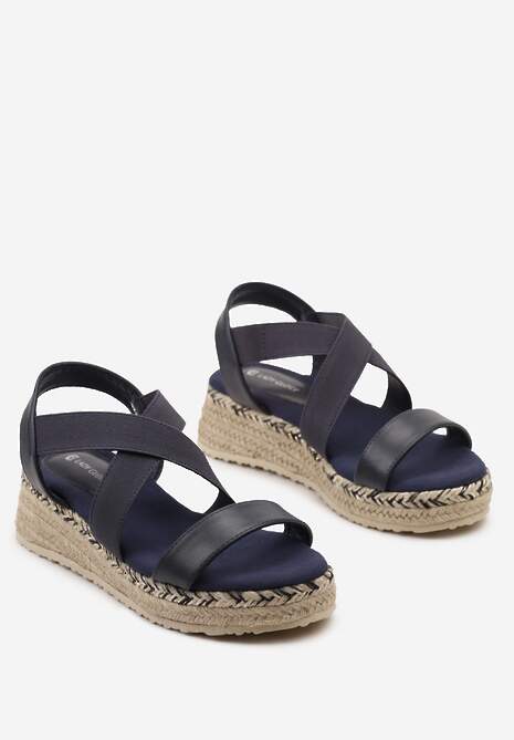 Granatowe Wsuwane Sandały na Niskim Koturnie z Jutową Plecionką Xarneli