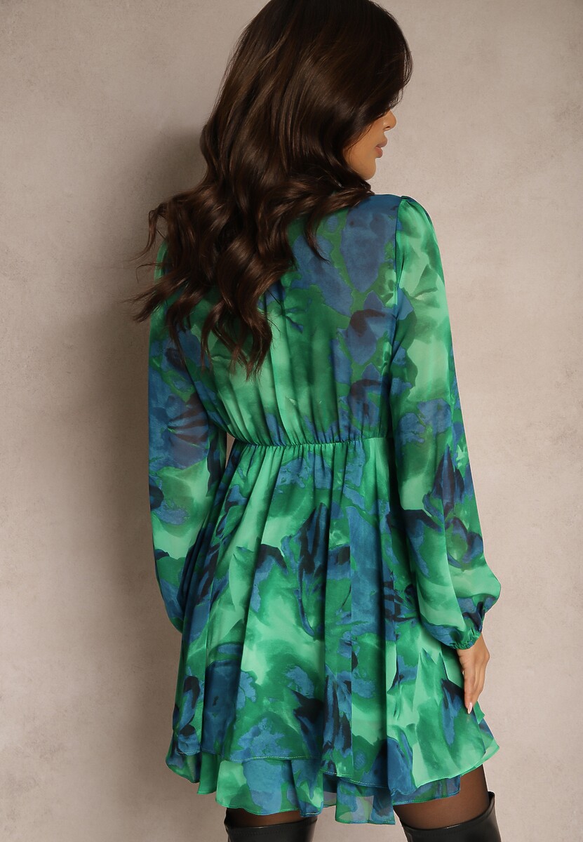 Zielona Krótka Sukienka Kopertowa z Abstrakcyjnym Wzorem Tie-Dye Mivern